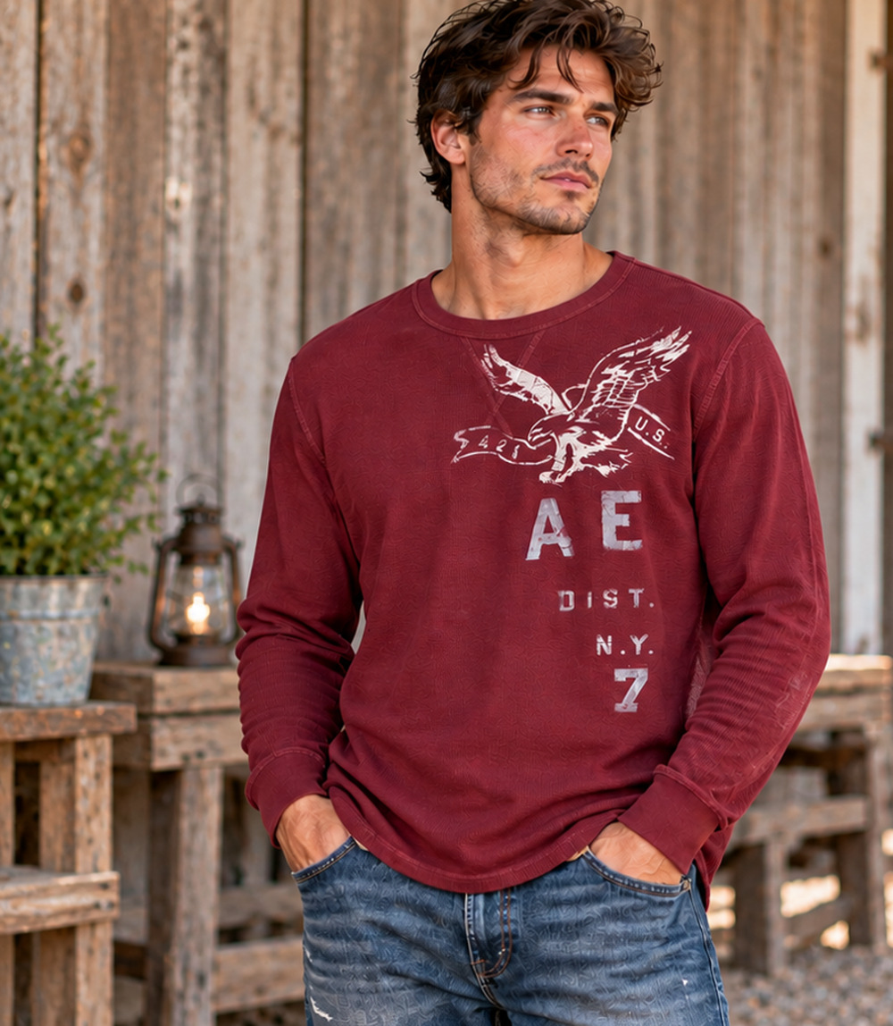 American Eagle Long Sleeve Thermal Shirt Burgundy Eagle Graphic Sz XXL Y2K Retro